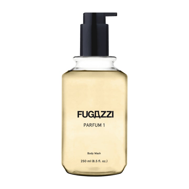 Fugazzi Parfum 1 250 ml oppfriskende kroppssåpe i en klar pumpeflaske med lys gul væske og sort pumpehode