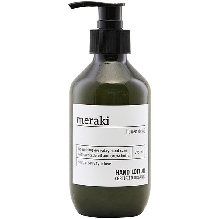 Meraki Linen Dew Hand Lotion 275 ml nærende håndkrem i mørkegrønn flaske med svart pumpe og hvit etikett.