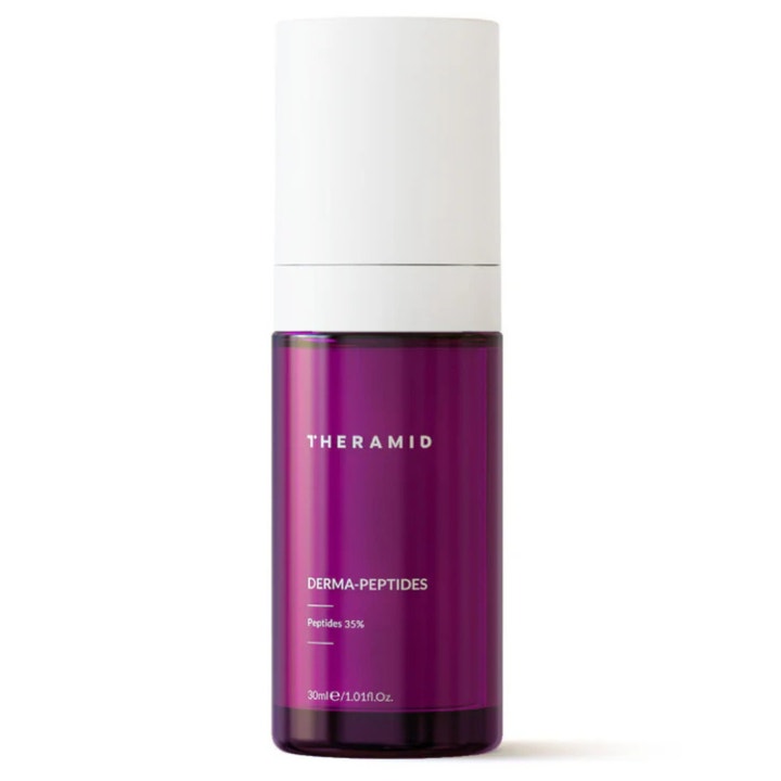 Theramid Derma-Peptides 30ml oppstrammende serum i en lilla gjennomsiktig pumpeflaske med hvit overdel.