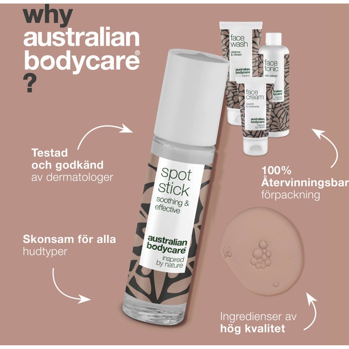 Australian Bodycare 4 Step Face Care 309 ml ansiktspleie mot urenheter med hvit spot stick og tuber med bladmønster