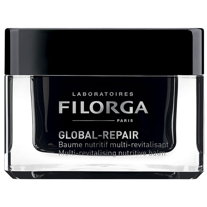 Filorga Global-Repair Baume 50 ml nærende ansiktskrem i en stilren sort krukke med gjennomsiktig ytterlag og sort lokk