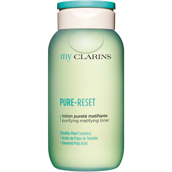 My Clarins Pure-Reset Purifying Matifying Toner rensende ansiktstoner i grønn frostet flaske som matter ned huden