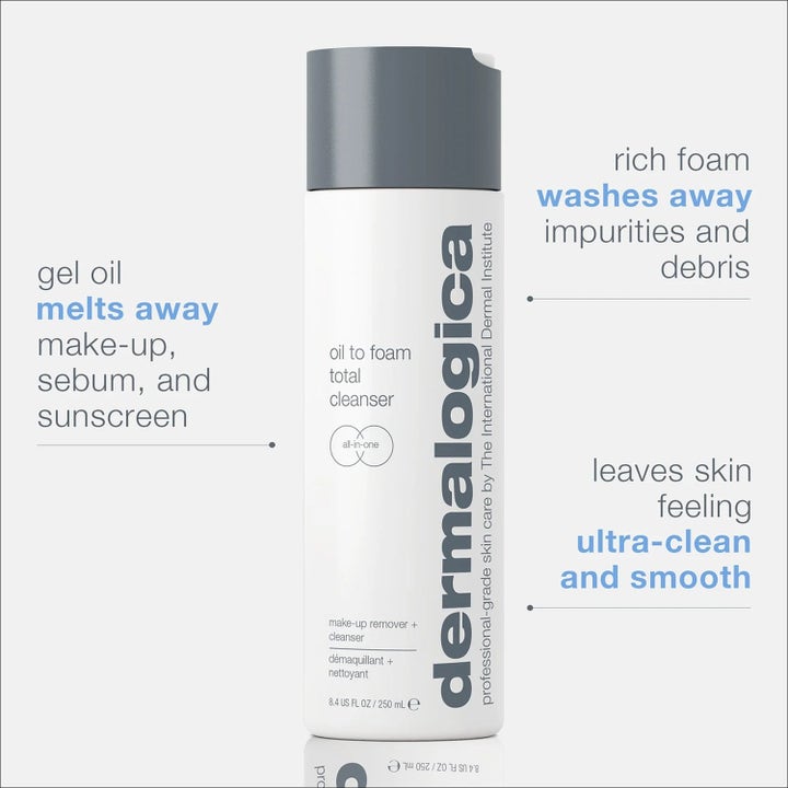Dermalogica Oil to Foam Cleanser 250 ml ansiktsrens fjerner sminke i hvit flaske med grått lokk og beskrivende tekst.