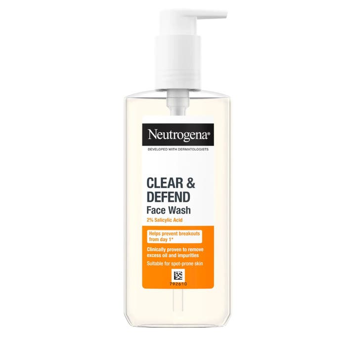 Neutrogena Clear & Defend 2% Salicylic Acid Face Wash 200ml dyprensende ansiktsvask i oransje gjennomsiktig pumpeflaske.