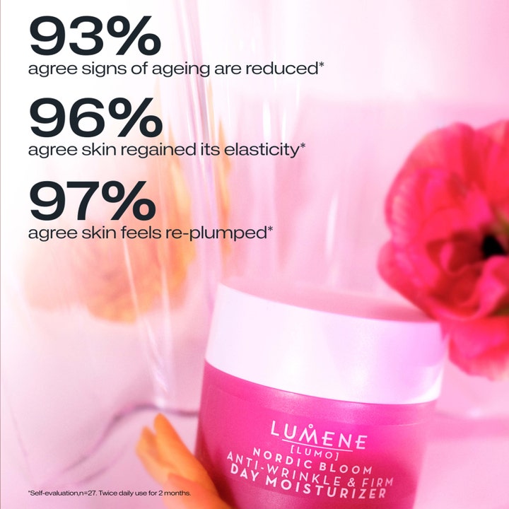 Lumene Nordic Bloom Anti-Wrinkle & Firm Day Moisturizer 50 ml oppstrammende dagkrem i rosa krukke med testresultater