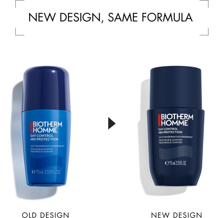 Biotherm Homme Day Control Deodorant 12 x 75 ml antiperspirant viser gammel og ny forpakning med 48 timers beskyttelse.