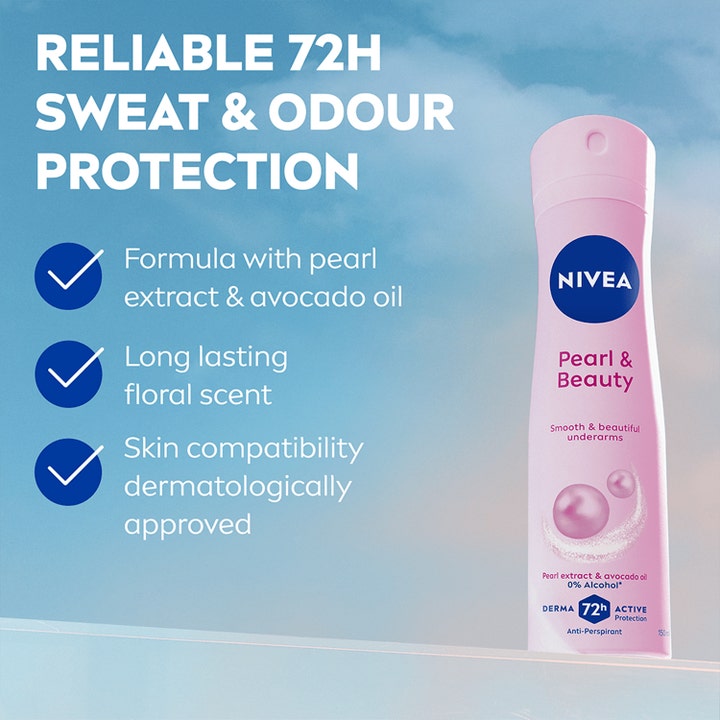 NIVEA Pearl & Beauty Deospray 150 ml antiperspirant gir 72 timers beskyttelse i rosa flaske med perleekstrakt.