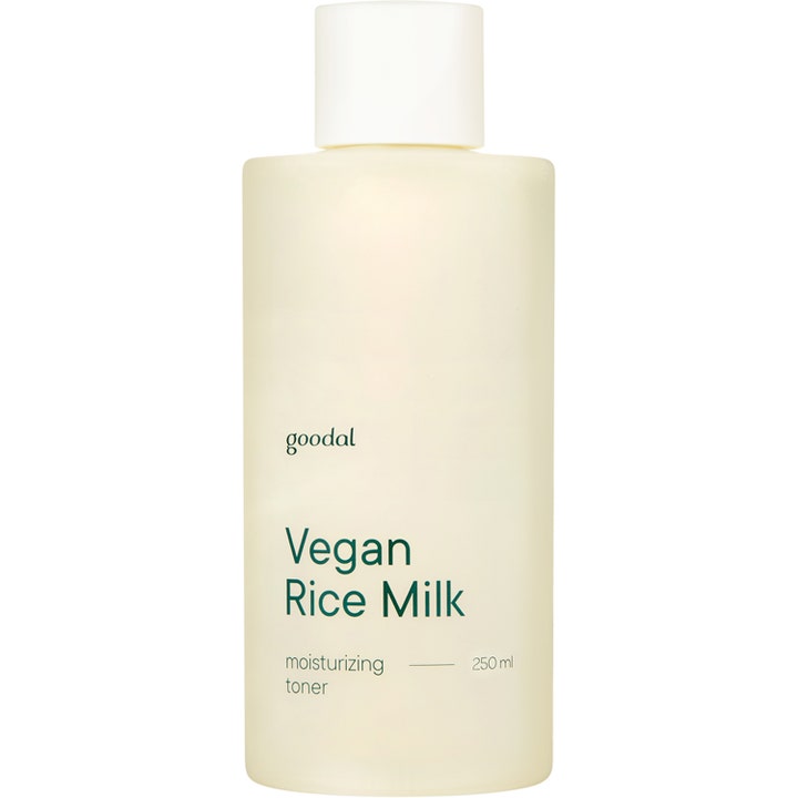 Goodal Vegan Rice Milk 250 ml fuktighetsgivende toner i frostet plastflaske med hvitt lokk som gir fukt.