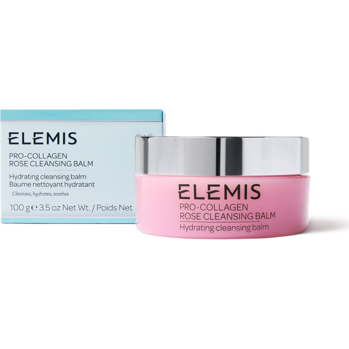 Elemis Pro-Collagen Rose Cleansing Balm 105 g beroligende ansiktsrens i rosa krukke med sølvlokk og eske.