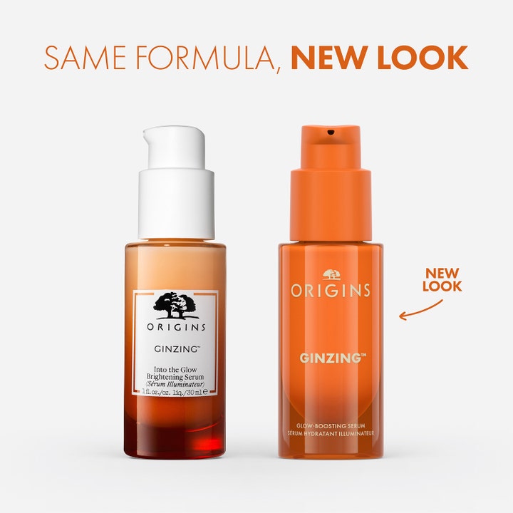 Origins GinZing Into the Glow Brightening Serum 30 ml viser gammelt og nytt flaskedesign for glødende hud
