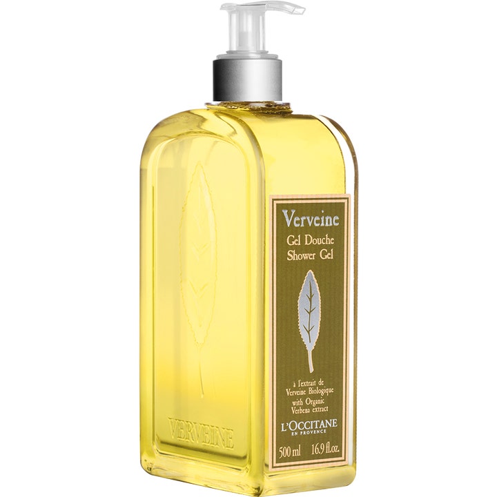 L'Occitane Verveine Shower Gel 500 ml rensende dusjsåpe i gjennomsiktig pumpeflaske med gul gelé og preget blad
