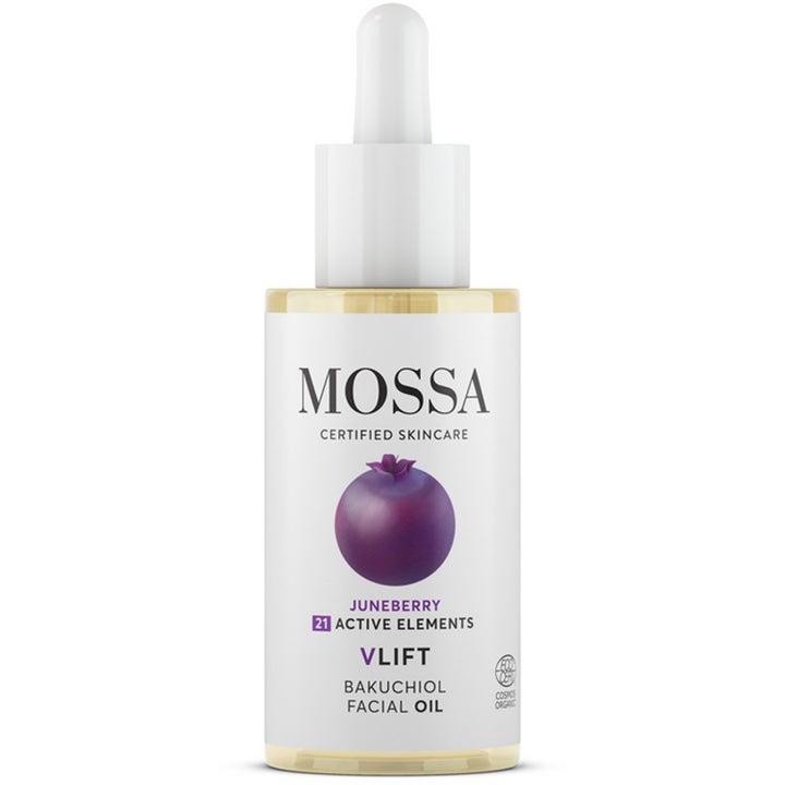 MOSSA V LIFT Bakuchiol Facial Oil 30 ml oppstrammende ansiktsolje i hvit flaske med pipette og motiv av lilla bær.
