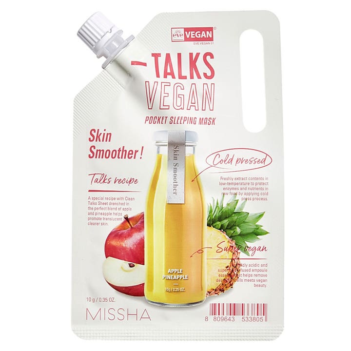 Missha Talks Vegan Pocket Sleeping Mask 10 g eksfolierende sovemaske i hvit pose med motiv av eple og ananas