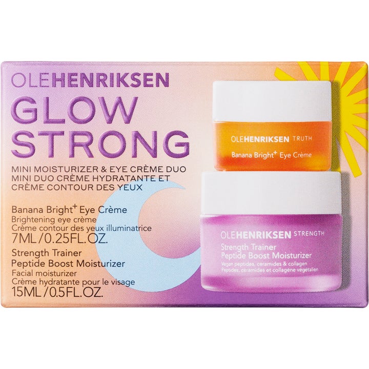 OleHenriksen Glow Strong Mini Moisturizer & Eye Crème Duo 7ml og 15ml hudpleiesett for glød i lilla eske med små krukker