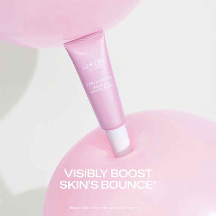 Lumene Nordic Bloom Bounce Moisturizer 50 ml fuktighetsgivende dagkrem i rosa tube mellom rosa ballonger