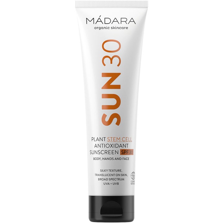 Mádara Plant Stem Cell Antioxidant Sunscreen SPF 30 100ml gir huden beskyttelse i hvit tube med oransje tekst og svart kork
