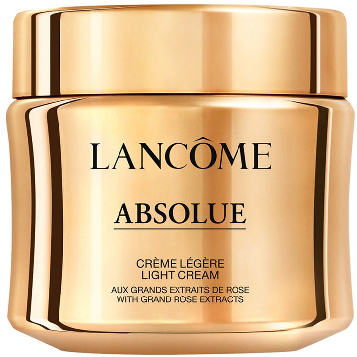 Lancôme Absolue Light Cream ansiktskrem som gir fornyet glød i en luksuriøs gullfarget metallisk krukke.