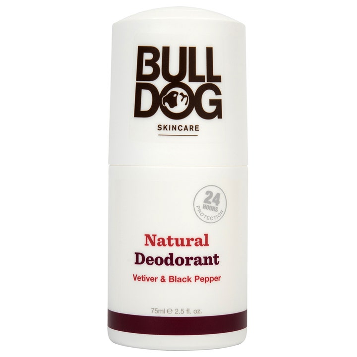 Bulldog Natural Deodorant Vetiver & Black Pepper 75ml beskyttende deodorant i hvit sylindrisk stift med brun tekst
