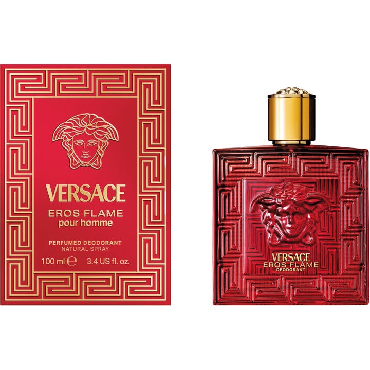 Versace Eros Flame Pour Homme 100 ml deospray i rød glassflaske og eske med ikonisk gullfarget medusahode
