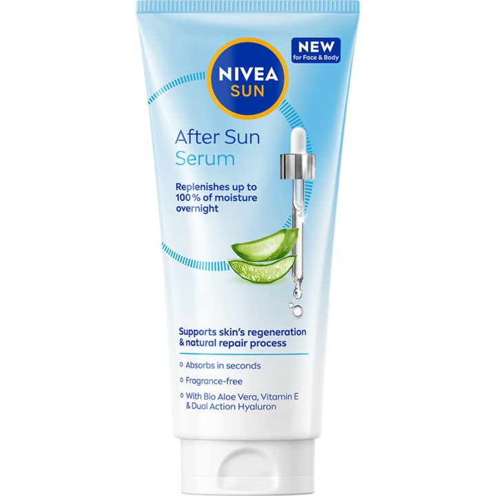 Nivea Sun After Sun Serum beroligende ansikts og kroppsserum i lyseblå tube med aloe vera som gir intens fuktighet