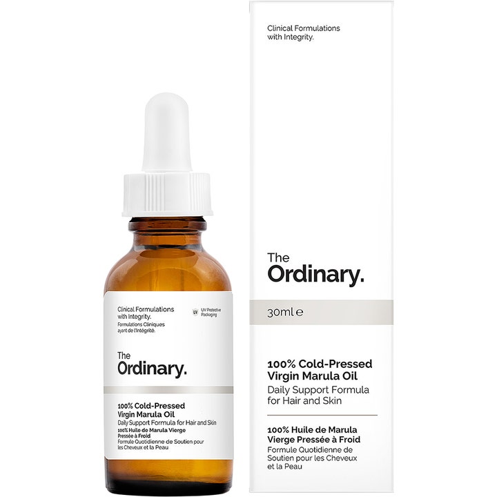 The Ordinary 100% Cold-Pressed Virgin Marula Oil 30ml fuktgivende ansiktsolje i ravfarget glassflaske med hvit pipette og eske