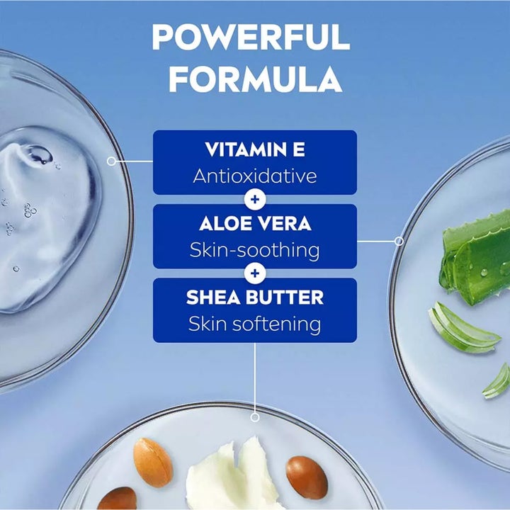 NIVEA Care Soothing Cream 200 ml beroligende krem med aloe vera, vitamin E og sheasmør i glasskåler på blå bakgrunn.