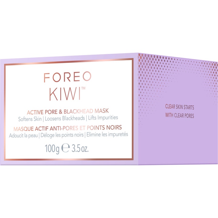 FOREO KIWI Active Pore & Blackhead Mask 100 g ansiktsmaske i lilla eske med rosegulltekst som fjerner urenheter.