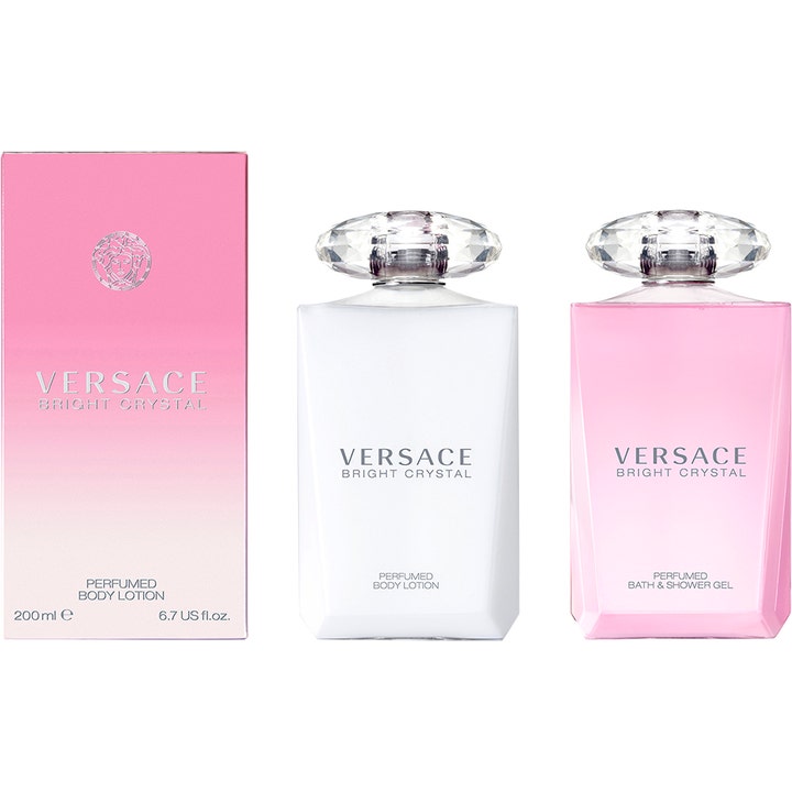 Versace Bright Crystal Shower Gel 200 ml i rosa flaske med krystallkork og matchende hvit body lotion