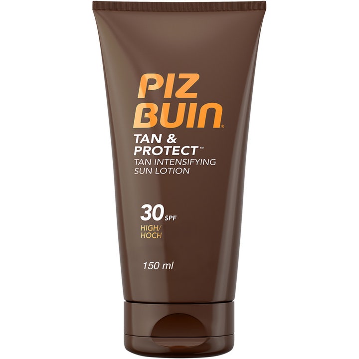 Piz Buin Tan & Protect 150 ml solkrem som gir dypere brunfarge i en brun tube med solfaktor 30 og oransje logo