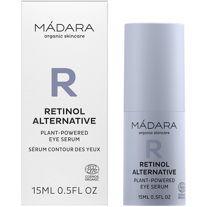 MÁDARA Retinol Alternative Eye Serum 15 ml pleier øynene i lys lilla pumpeflaske med hvit eske.