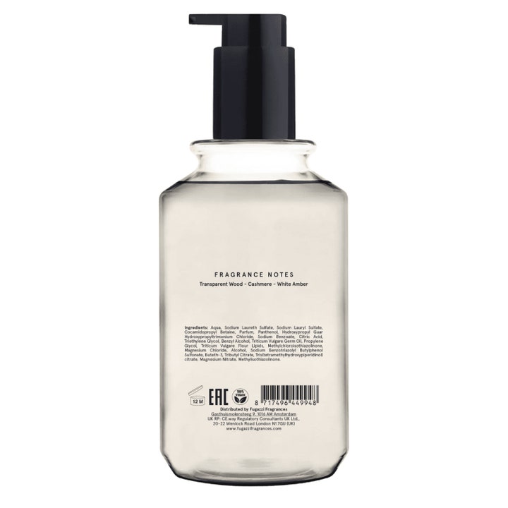 Fugazzi Angel Dust Body Wash 250 ml vegansk dusjsåpe i klar plastflaske med svart pumpe og synlige duftnoter