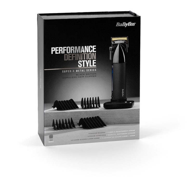 BaByliss Super X Metal Hair Clipper 1 stk hårklipper i svart eske som viser trådløs maskin og ti avstandskammer.
