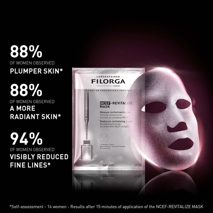 Filorga NCEF-Revitalize Revitalizing Radiance Mask 20 ml glødgivende sheetmaske ved siden av en lysende sølvfarget maske