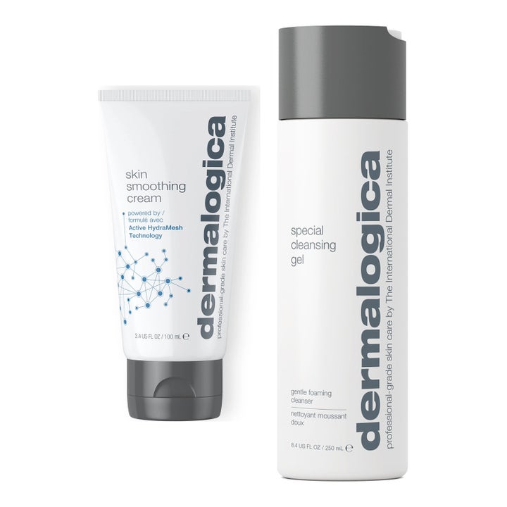 Dermalogica Special Cleansing Gel og Skin Smoothing Cream sett med rens og fuktighetskrem i hvite tuber.