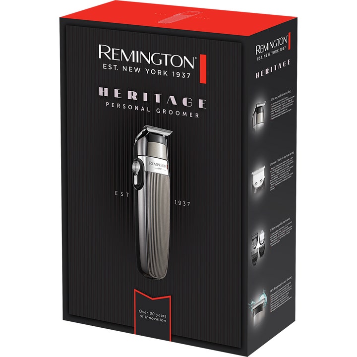 Remington PG9100 Heritage Personal Groomer 1 stk skjeggtrimmer i sort og rød eske som viser sølvfarget trimmer