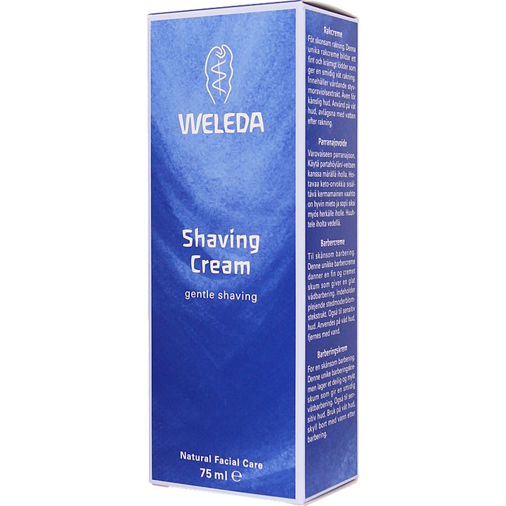 Weleda Shaving Cream 75 ml barberingskrem i blå pappeske med hvit tekst for en skånsom barbering