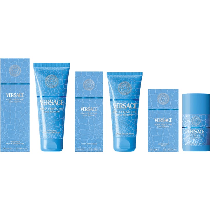Versace Eau Fraiche Deostick 75 ml herredeo i blå hylse ved siden av matchende eske med krokodillemønster