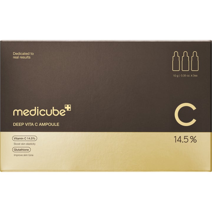 Medicube Deep Vita C Ampoule 3x10g serum med vitamin C som gir glød i en mørkebrun og gullfarget eske