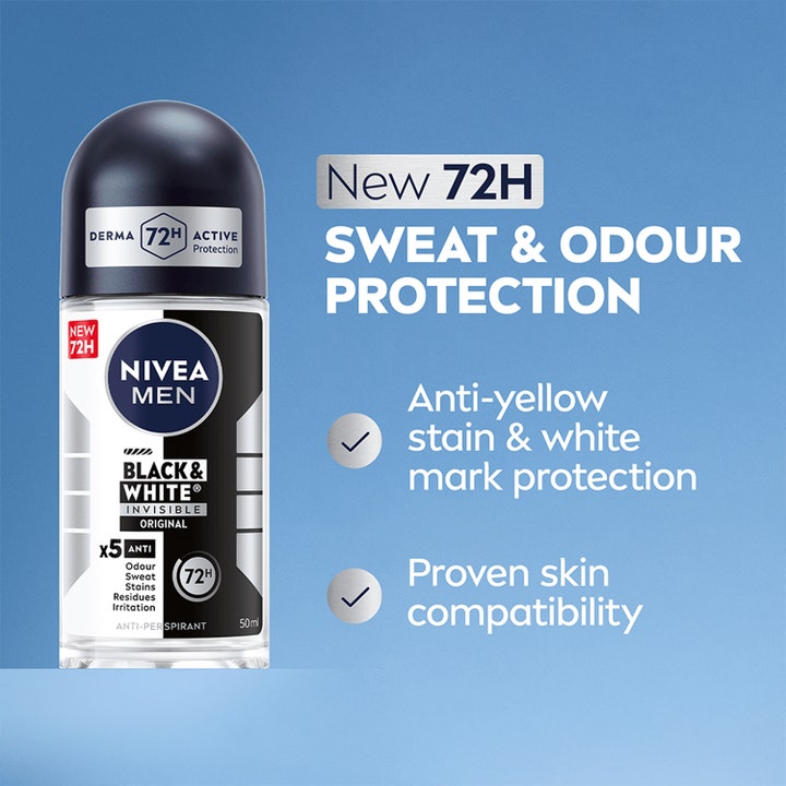 NIVEA MEN Invisible Black & White 50 ml roll-on deodorant gir 72 timers beskyttelse mot svette og gule flekker.