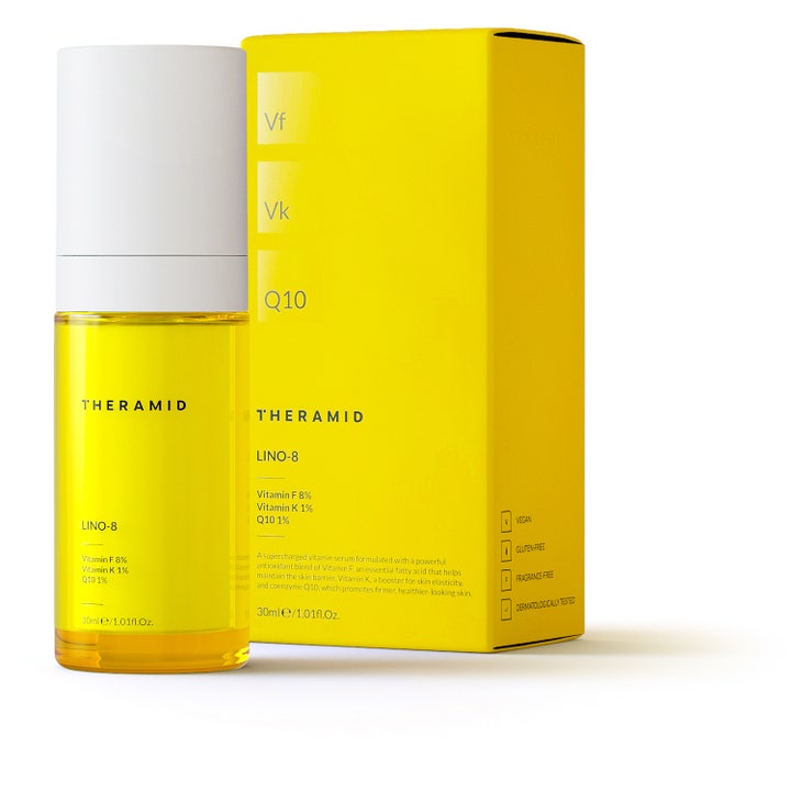 Niche Beauty Lab Theramid Lino 8 30 ml antioksidantserum i gul glassflaske med tilhørende gul eske