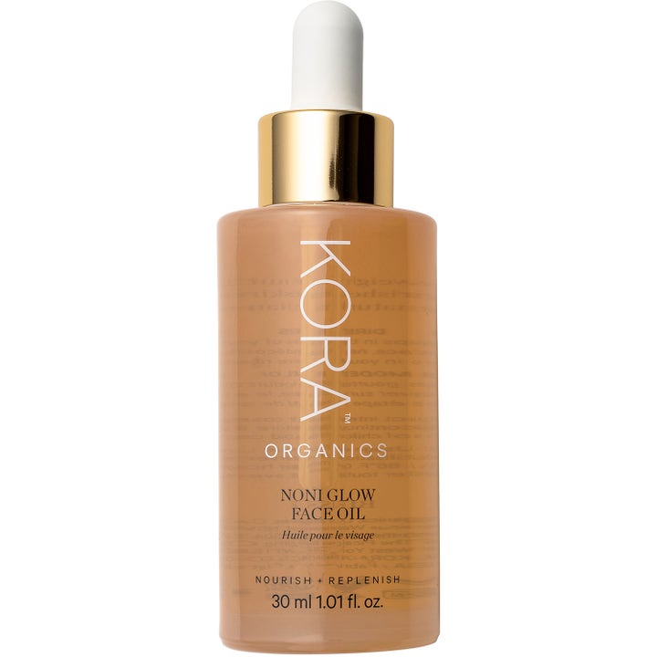 Kora Organics Noni Glow Face Oil 30 ml ansiktsolje som gir glød i frostet glassflaske med gullkork og hvit pipette