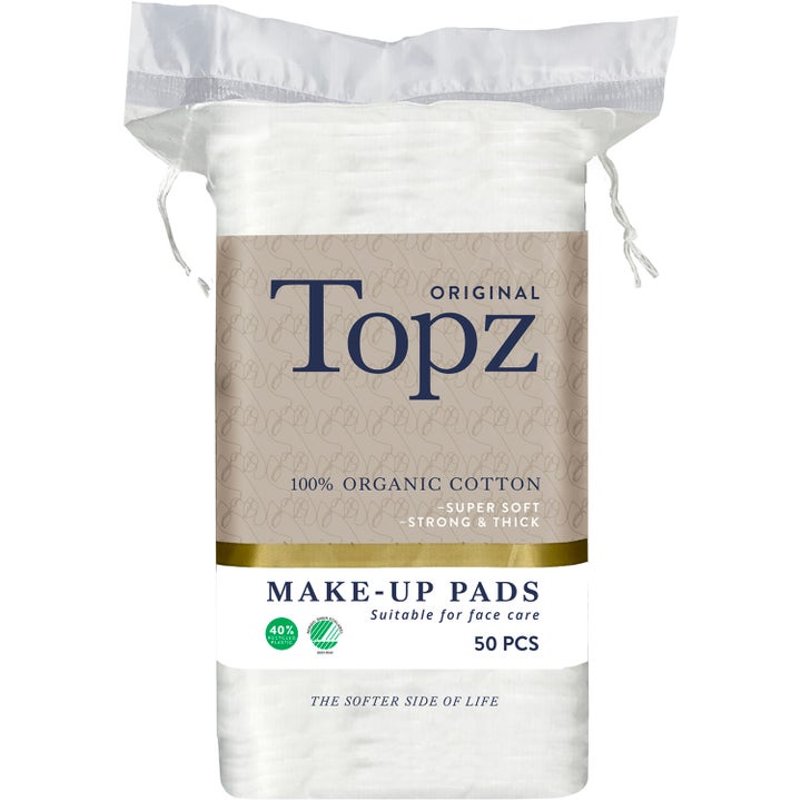Topz Original Make-up Pads 50 stk økologisk bomull for ansiktspleie i gjennomsiktig plastemballasje med hvit snøring