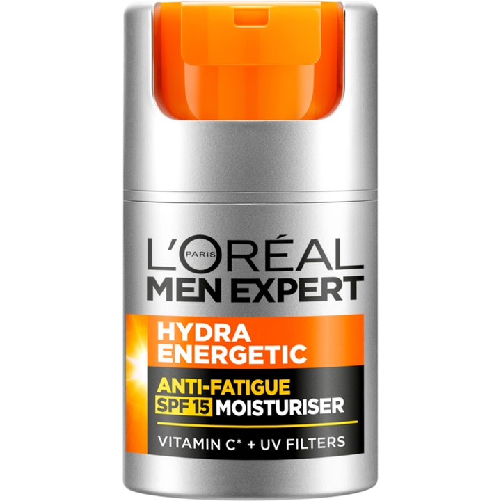L'Oréal Men Expert Hydra Energetic SPF 15 fuktighetskrem med vitamin C mot tretthet i sølvflaske med oransje topp