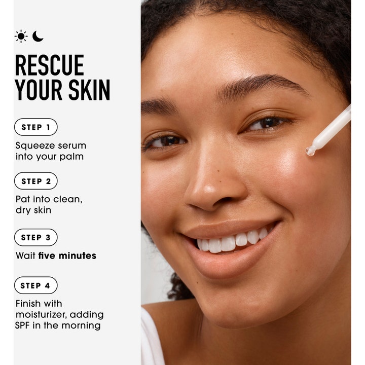 bareMinerals Skin Rescue Pure Smooth Serum 30 ml ansiktsserum påføres med pipette i en trinnvis guide for glattere hud