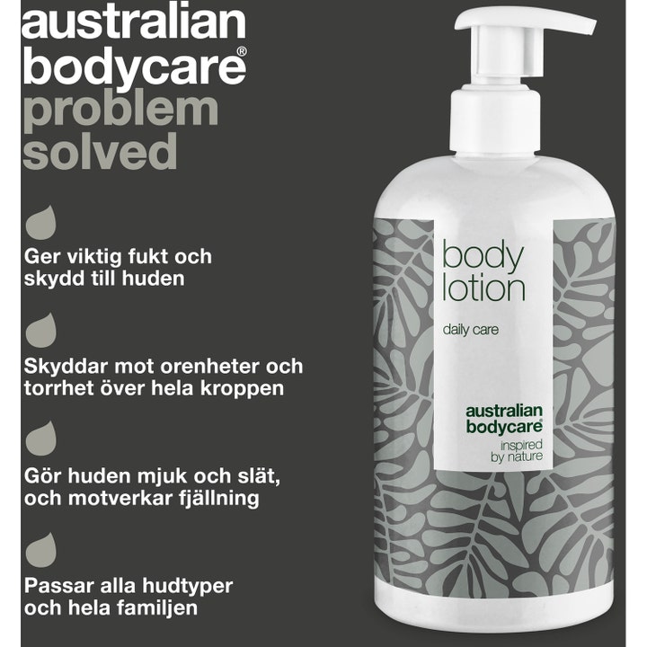 Australian Bodycare Body Lotion Tea Tree Oil 500 ml pleiende krem i hvit pumpeflaske med grått bladmønster