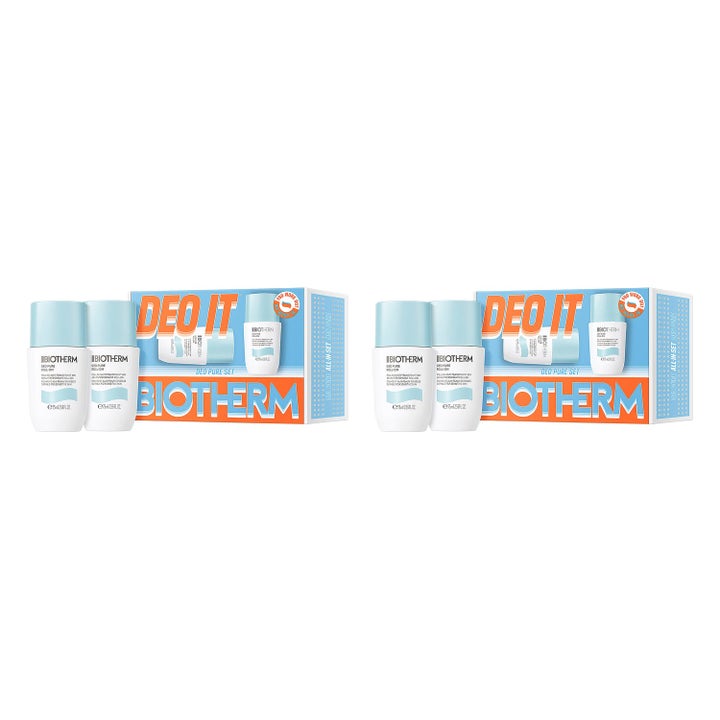 Biotherm Deo Pure Roll-On 2 x 75ml antiperspirant gir langvarig beskyttelse i hvite flasker med lyseblå korker og eske