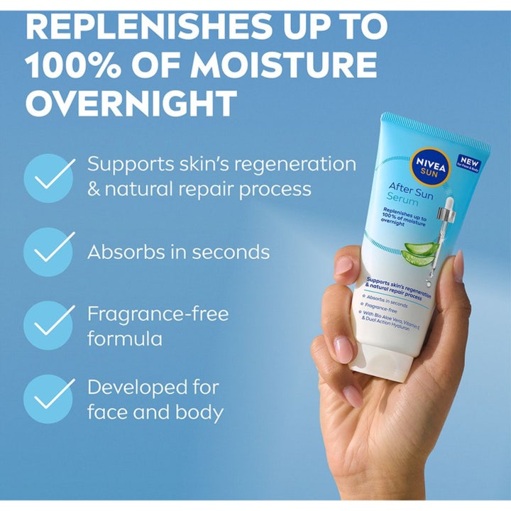 NIVEA After Sun Serum 100 ml i tube som gjenoppretter fuktighet og støtter hudens reparasjonsprosess.