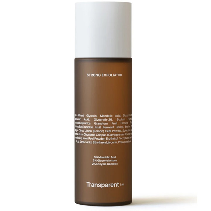 Transparent Lab Strong Exfoliator 30 ml eksfolierende ansiktsserum i mørk glassflaske med hvit kork.