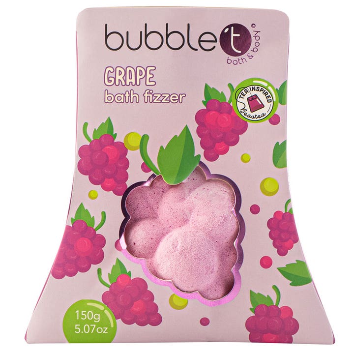 Bubble T Grape Bath Fizzer 150g badebombe for et velduftende bad i rosa pakning med drueformet vindu
