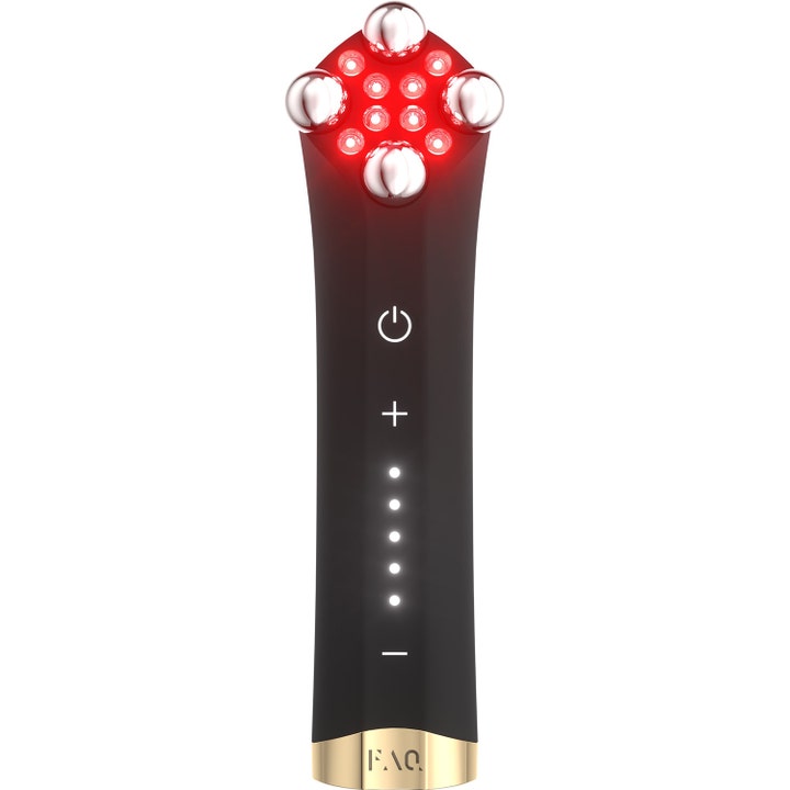 FAQ 102 anti-aging enhet som gir fastere hud med rødt LED-lys og sølvfargede hoder på et elegant svart design